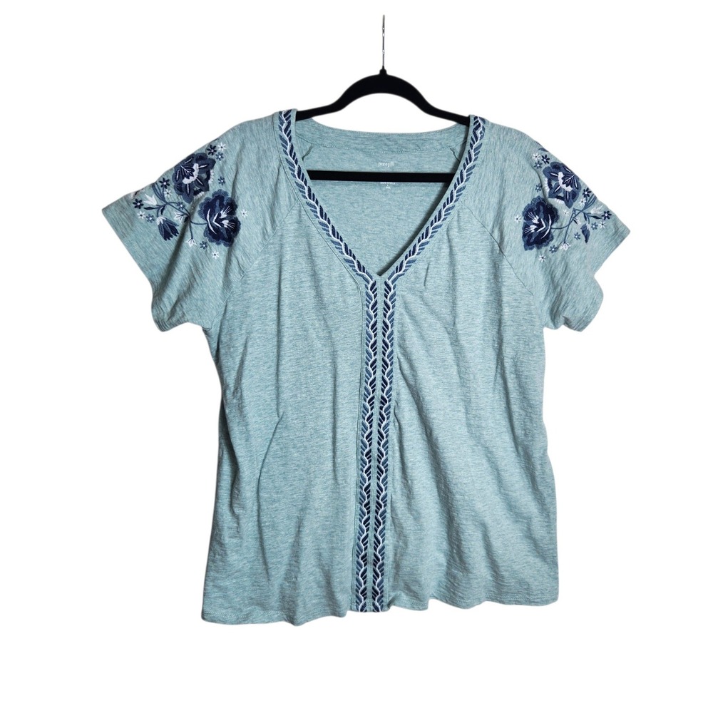 Pure Jill J. Jill Embroidered Cotton Top Blue Floral V-Neck Short Sleeve L Tall